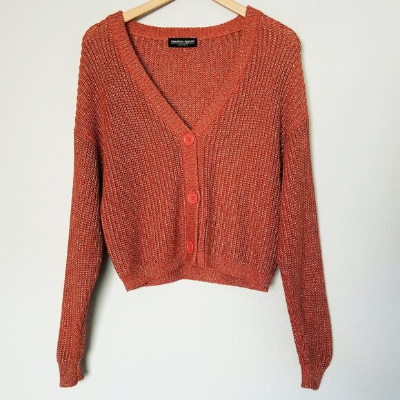 American Apparel Chunky Knit Metallic Cardigan Crop One Size Bronze Shimmer USA - Picture 3 of 16